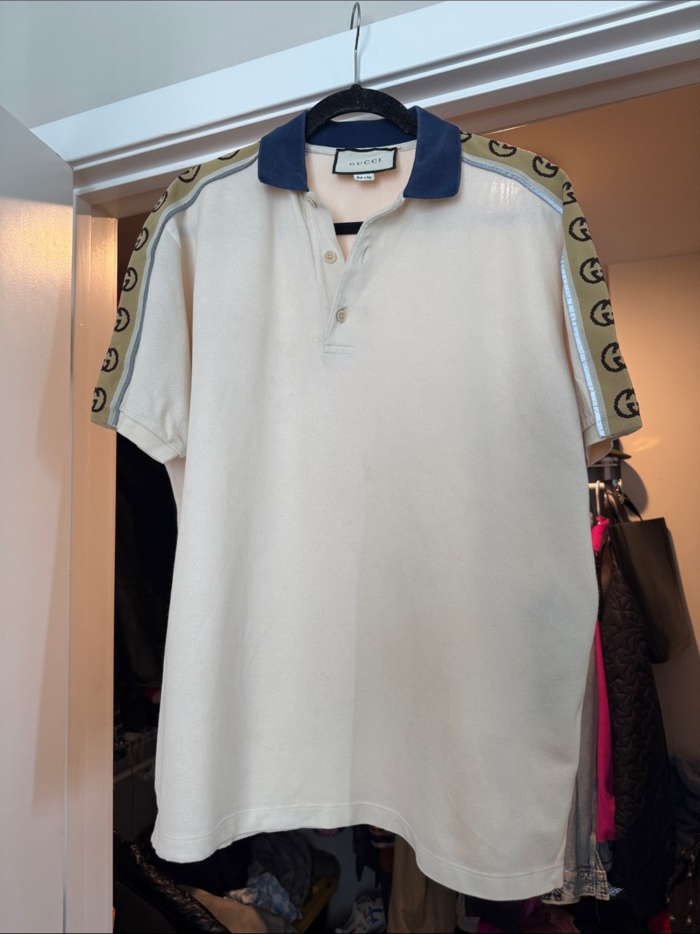 Gucci Pale Blue Polo with Navy Contrast Collar and Logo Tape